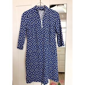 Katherine Way Geometric Print Quarter Zip Dress Blue Sz XS Preppy Golf Tennis